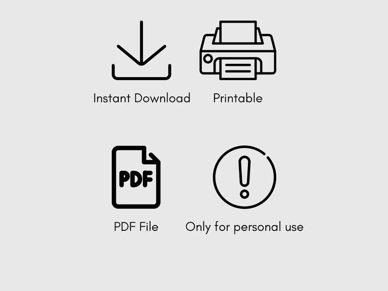 Puede incluir: Gr&aacute;fico de descarga digital con cuatro iconos y texto. Los iconos incluyen una flecha hacia abajo, una impresora, un archivo PDF y un signo de exclamaci&oacute;n. El texto dice: Descarga instant&aacute;nea, Imprimible, Archivo PDF y Solo para uso personal.