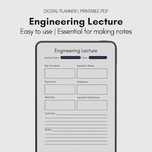 May include: A digital printable PDF engineering lecture planner with a light grey background. The planner includes sections for lecture topic, key concepts, equations, sketches, summary, and notes. The text "Engineering Lecture" is in bold black font.