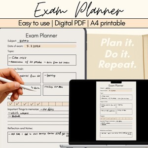 Op de afbeelding: Een digitale examenplanner-sjabloon in A4-formaat, weergegeven op een tablet en een laptopscherm. De planner bevat secties voor onderwerp, datum, thema, te voltooien stappen, voortgangsvakjes, belangrijke leerpunten en reflectienotities.