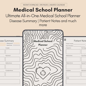 May include: A digital medical school planner with a cream background. The planner includes sections for disease summaries and patient notes. The central image features a heart with a medical cross.