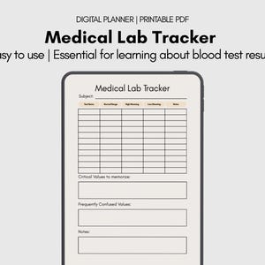 Puede incluir: Un rastreador de laboratorio médico digital que se muestra en una tableta. El rastreador incluye campos para nombres de pruebas, rangos normales y notas. El texto en la parte superior dice "Medical Lab Tracker" y "Easy to use | Essential for learning about blood test results."