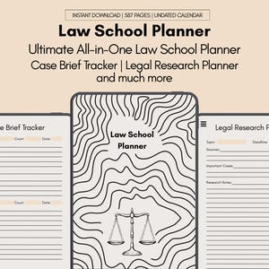 May include: A digital Law School Planner with a cream background. The planner includes sections for case briefs and legal research. The central image features a stylized scales of justice. Text includes "Law School Planner" and "Instant Download".