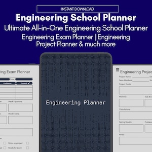May include: A digital Engineering School Planner against a dark blue backdrop. The planner includes sections for exam planning and project management. Text includes "Engineering School Planner" and "Engineering Exam Planner".