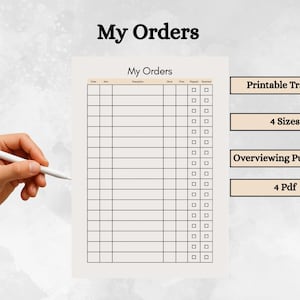 May include: A printable order tracker document with a grid layout featuring columns for date, item, description, store, price, shipped, and received. The document includes checkboxes for tracking status and text labels reading My Orders, Printable Tracker, 4 Sizes, Overviewing Purchases, and 4 Pdf.