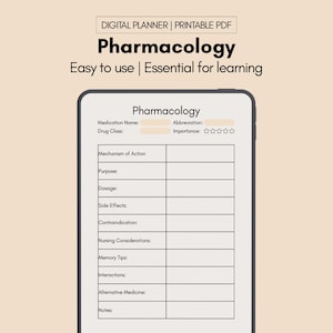 Może przedstawiać: Cyfrowy, drukowany planer farmakologii PDF. Cyfrowy planer zawiera pola na nazwę leku, klasę leku, mechanizm działania, dawkowanie, skutki uboczne i inne. Tekst na obrazku brzmi: "Łatwy w użyciu | Niezbędny do nauki."