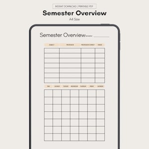 Könnte beinhalten: Druckbare PDF-Semesterübersicht im A4-Format. Das Dokument enthält ein Rasterlayout für Fächer, Professoren und einen Wochenplan. Der Titel "Semester Overview" wird oben angezeigt, zusammen mit dem Text "Instant Download | Printable PDF".