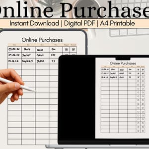Peut inclure: Un modèle numérique de suivi des achats en ligne au format A4. Le document présente une mise en page en grille avec des colonnes pour Date, Article, Boutique, Prix, Expédié et Reçu. L'en-tête indique Online Purchases avec des entrées manuscrites.