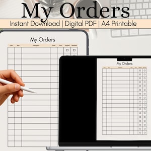 Può includere: Un modello digitale di tracciamento ordini My Orders visualizzato su un tablet e sullo schermo di un portatile. Il documento presenta una griglia con colonne per data, articolo, descrizione, negozio, prezzo, spedito e ricevuto.