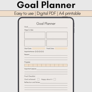 Könnte beinhalten: Eine digitale A4-druckbare Goal Planner Vorlage auf einem Bildschirm. Das Layout enthält Abschnitte für Ziel, Schritte, Start- und Enddatum, Wichtigkeit mit Sternsymbolen, Grund, Fortschrittsbalken, wichtige Lektionen und eine abschließende Checkliste.