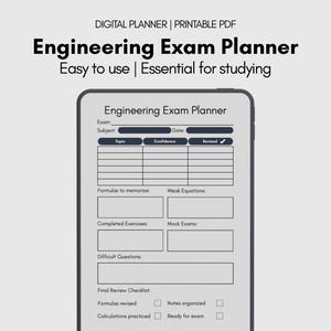 May include: Digital Engineering Exam Planner in PDF format. The planner is displayed on a tablet screen, featuring sections for exam details, topics, confidence levels, and revision tracking. The text reads: "Easy to use | Essential for studying."
