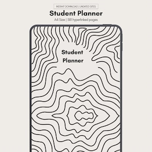 Könnte beinhalten: Ein digitaler Studentenplaner mit einem schwarz-weißen topografischen Design. Der Planer enthält den Text "Student Planner" und "A4 Size | 581 hyperlinked pages". Der Hintergrund ist hellbeige.