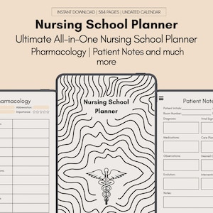 May include: A digital nursing school planner with pharmacology and patient notes sections. The planner features a central design with a caduceus symbol and a wavy pattern. The text reads "Nursing School Planner" and "Ultimate All-in-One Nursing School Planner".