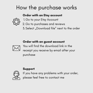 Puede incluir: Gr&aacute;fico gris claro con texto que explica c&oacute;mo comprar un producto digital en Etsy. Se proporcionan instrucciones para cuentas de Etsy e invitados, junto con informaci&oacute;n de contacto de soporte. Se incluyen iconos de engranaje, sobre y auriculares.