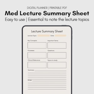 Puede incluir: Un planificador digital con el texto "Med Lecture Summary Sheet". La hoja incluye secciones para temas de conferencias, conceptos clave, procesos, relevancia clínica y un resumen. También tiene espacio para la fecha, términos importantes, preguntas, temas de estudio y notas.