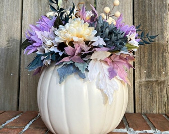 Fall Floral Arrangement featuring White Pumpkin with Cream, Teal, and Purple Flowers