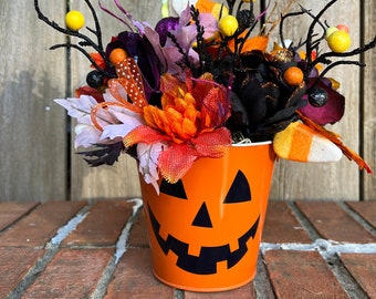 Halloween Floral Arrangment in Jack-O-Lantern Pail