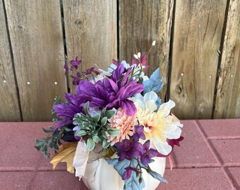 Fall Floral Arrangement featuring White Pumpkin and Purple Flowers