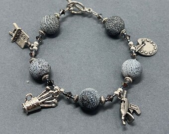Artist and Crafters Charm Bracelet with Charcoal Textured Beads and Genuine Swarovski Crystals