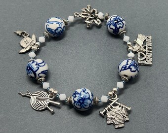 Knitting  Charm Bracelet with Dark Blue Floral Beads and Genuine Swarovski Crystals