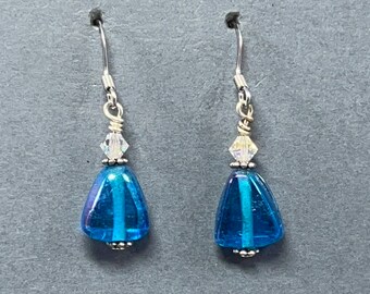 Blue Triangular Glass Drop Earrings with Swarovski Crystal