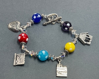 Teacher's Profession Charm Bracelet with Multi colored Polka Dot Beads and Swarovski Crystals