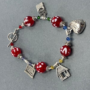 Teacher&#39;s Profession Charm Bracelet with White and Red and White Polka Dot  Beads and Swarovski Crystals