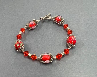 Floral Lampwork and Glass Beads Bracelet with Genuine Swarovski Crystals