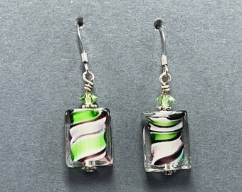 Glass Bead Earrings featuring Clear rectagular beads with Green and Purple Swirls and Swarovski Crystals