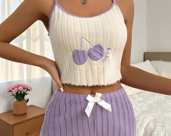 Cherry Embroidery Ribbed Cami & Shorts Pyjama Set | Women's Contrast Trim PJ Set | Lettuce Hem Lounge Co-ord | Bow Detail Nightwear