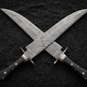 Damascus Steel Bowie Knife, Feather Pattern Blade, Micarta Handle, Full Tang (15 Inch)