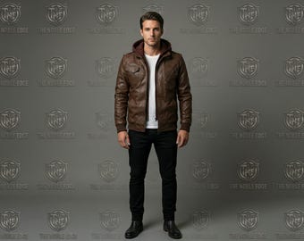 Ręcznie robiona męska brązowa kurtka z kapturem ze sztucznej skóry – miejska odzież wierzchnia w stylu motocyklowym