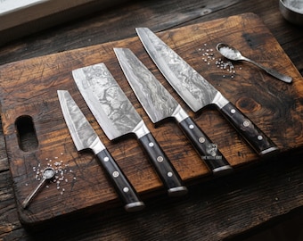 4-delige San Mai Damascus koksmessenset | Handvat buffelhoorn, leren rol