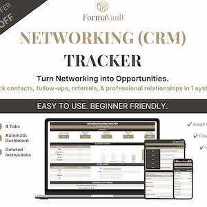 May include: A digital Networking (CRM) Tracker spreadsheet template displayed on a laptop, tablet, and smartphone. The interface features sections for metrics, relationship strength, and activity, with text including Turn Networking into Opportunities.