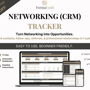 May include: A digital networking CRM tracker template displayed on a laptop, tablet, and smartphone screen. The interface features beige and dark grey headers with text including NETWORKING (CRM) TRACKER, 4 Tabs, Automatic Dashboard, and Excel .xlsx.