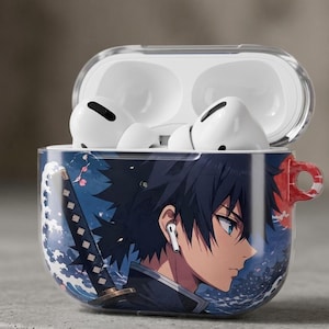 May include: A clear AirPods case featuring a blue and white anime-style illustration of a character with black hair and blue eyes, with a katana. The case holds white AirPods.