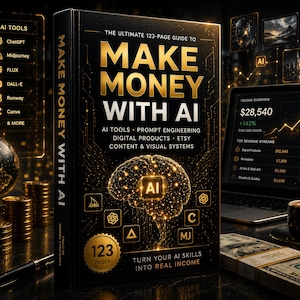 Może przedstawiać: Książka zatytułowana "Make Money With AI" ze złotymi literami na czarnej okładce. Podtytuł książki podkreśla narzędzia AI, inżynierię promptów, produkty cyfrowe i treści Etsy. Laptop wyświetla dane o dochodach.