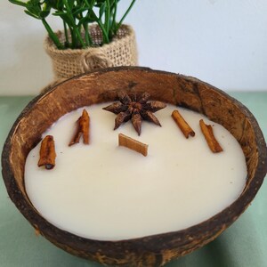 Peut inclure: Une bougie blanche dans un récipient en coque de noix de coco brune. La bougie présente une mèche en bois au centre, décorée d'une badiane et de quatre petits morceaux de bâton de cannelle incrustés dans la surface de cire blanche solide.