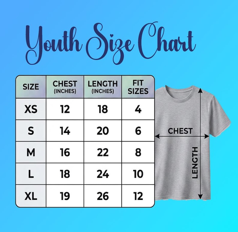 May include: A gray youth-sized t-shirt next to a size chart. The chart lists chest and length measurements in inches for sizes XS to XL, with corresponding fit sizes. The text "Youth Size Chart" is at the top.