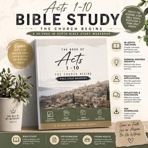 May include: A Bible study workbook titled "Acts 1-10 Bible Study: The Church Begins." The cover features the title in large, dark text, with the subtitle "A 30-page in-depth Bible study workbook." Additional text includes "Explore Acts 1-10" and "Deepen Your Faith & Live on Mission Today."