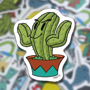 Pode incluir: Um adesivo de cacto verde de desenho animado com um rosto sorridente e braços levantados. O cacto está em um vaso marrom e verde-azulado. O adesivo tem uma borda branca e é cercado por outros adesivos.
