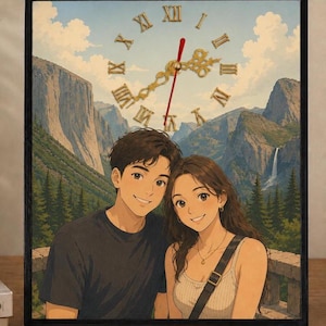 May include: A rectangular wall clock with a black frame featuring an anime-style illustration of a smiling couple against a mountain landscape. The clock face displays gold Roman numerals and ornate gold hands with a thin red second hand.