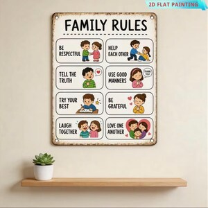 Puede incluir: Un letrero metálico rectangular con fondo blanco y borde marrón desgastado, que presenta el texto FAMILY RULES en la parte superior. Contiene ocho paneles ilustrados con dibujos de niños y frases como BE RESPECTFUL, HELP EACH OTHER, TELL THE TRUTH, USE GOOD MANNERS, TRY YOUR BEST, BE GRATEFUL, LAUGH TOGETHER y LOVE ONE ANOTHER.