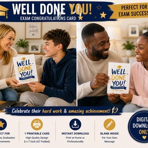 Może przedstawiać: Biała kartka okolicznościowa ze złotą ikoną czapki absolwenta oraz niebiesko-złotym napisem "WELL DONE YOU! CONGRATULATIONS ON YOUR EXAMS". Kartka ma wymiary 12,7 x 17,8 cm, jest do druku i ma puste wnętrze na osobiste wiadomości.