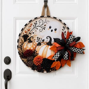 Halloween Ghost Door Hanger | Whimsical Spooky Cute Decor | Fall Pumpkin Door Decoration | Fabric Ribbon Bow | Front Door Decor