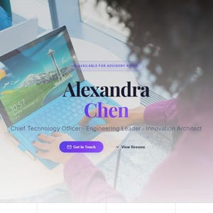 May include: A blue laptop displaying a cityscape wallpaper. The screen shows the time as 10:57. The name "Alexandra Chen" is displayed in large text, along with her job title. The words "Get in Touch" and "View Resume" are also visible.