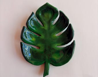 Monstera Leaf Jewelry Dish | Handmade Clay Trinket Tray | Green Plant Decor