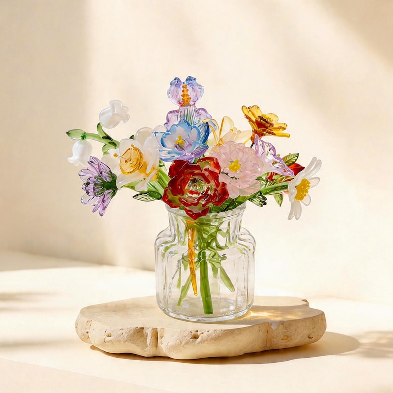 May include: A clear glass vase containing a bouquet of multi-colored glass flowers. The arrangement features various blooms in shades of red, blue, yellow, white, and purple, each with green glass stems and leaves visible through the clear glass.