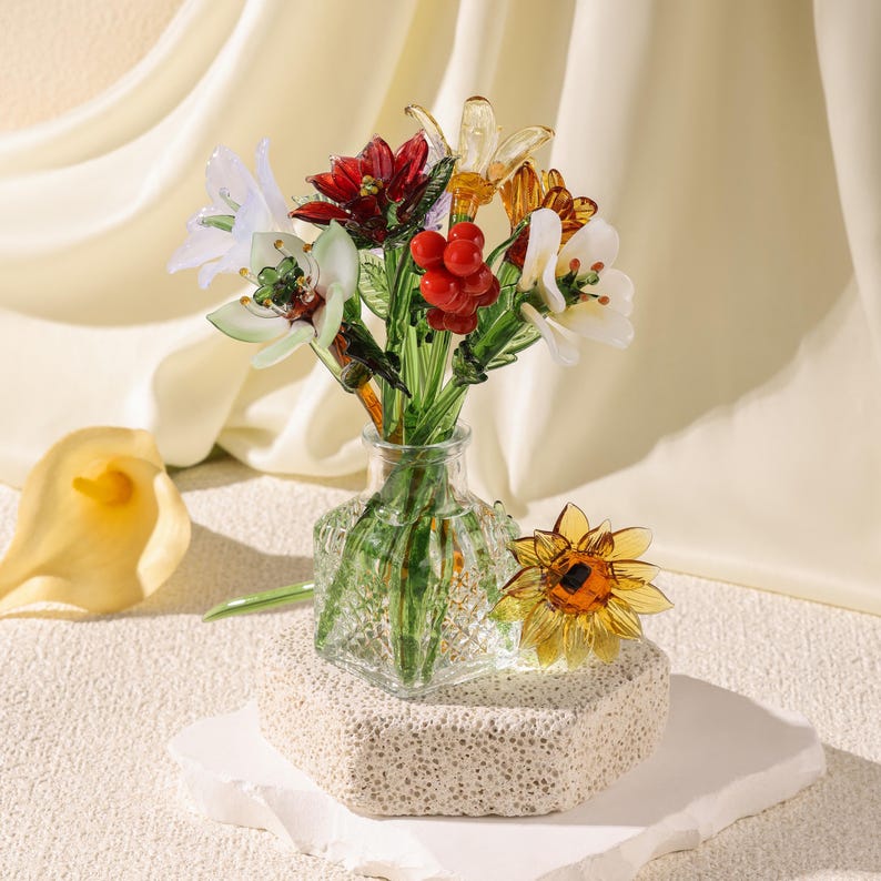 Birth Month Glass Flower Bouquet, Hand Blown Glass Flower, Personalized Birth Flower Gift, Birthday Gift for Her image 3