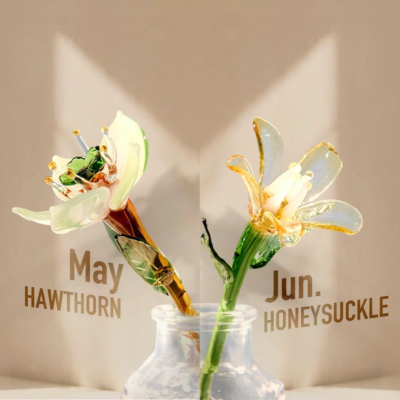 May include: Two glass flowers in a clear glass vase. The left flower is white and green with the text May HAWTHORN. The right flower is yellow and green with the text Jun. HONEYSUCKLE. The flowers have delicate petals, green stems, and leaves.