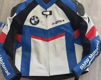 BMW Motorrad HP4 モータースポーツ レザー モーターサイクルジャケット - ブルー、ホワイト、レッドのレーシングバイカーギア、CEプロテクター付き